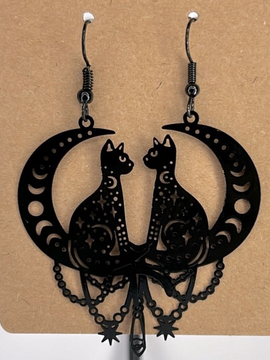 Fashion Jewelry Jewelry - Cat On Moon Black Brass Dangle Earrings Elegant Fun